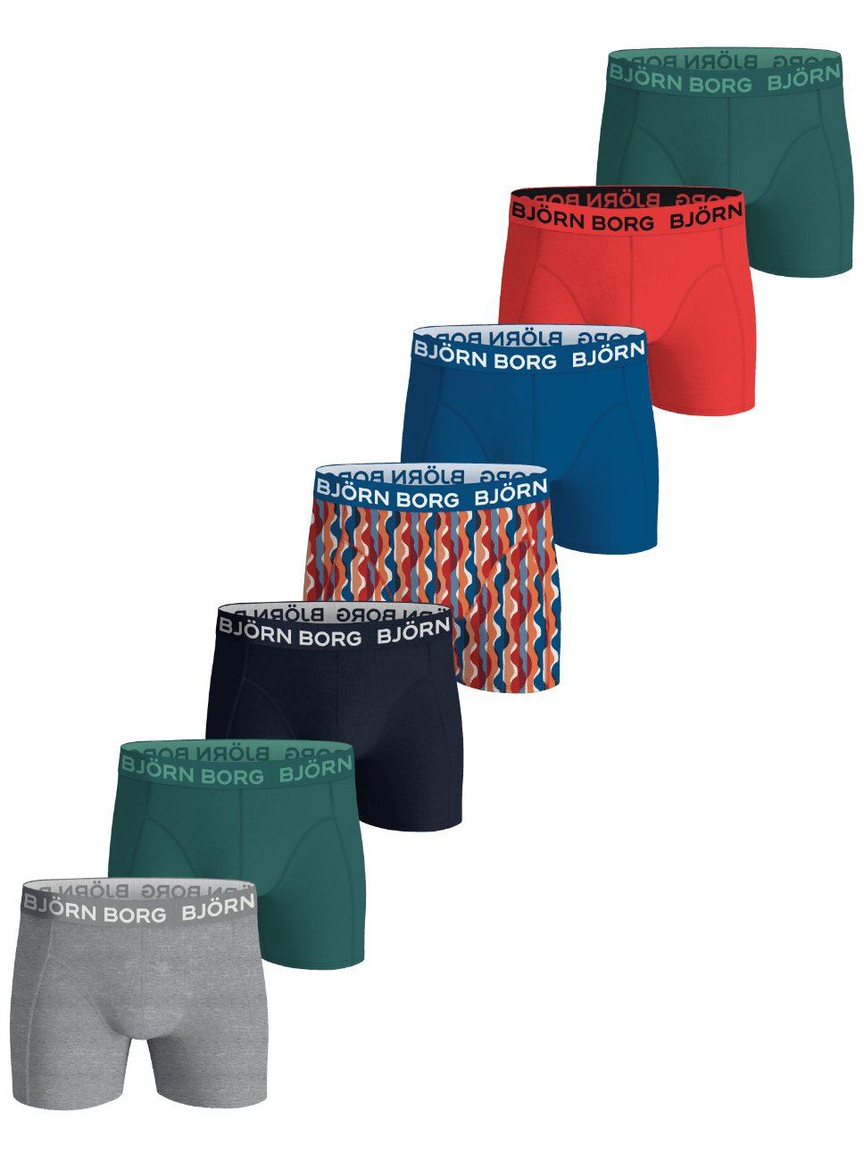 Cotton Stretch Boxers 7-pack for kids featuring blue, green, navy, red, and print boxer briefs with white logo waistbands. - Image 1
