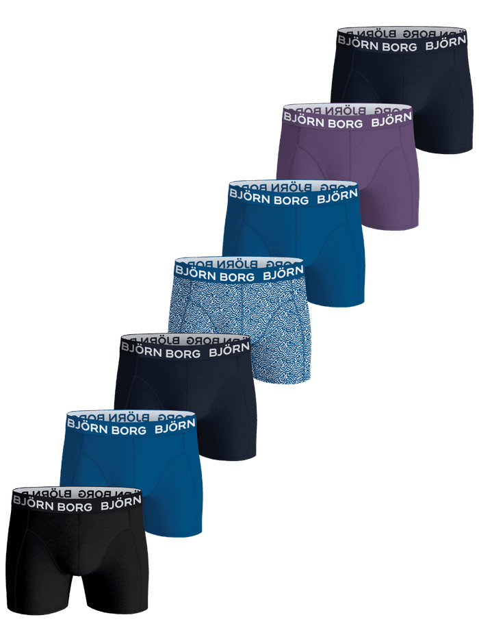 Cotton Stretch Boxers 7-pack for kids featuring boxer briefs in black, blue, navy, purple, and a wavy print.