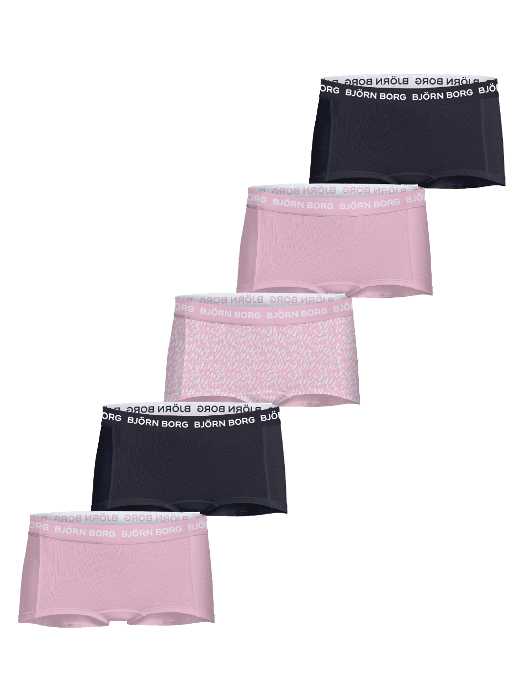 Cotton Stretch Boxers Shorts 5-pack for kids in navy, pink, and print with soft cotton and white logo waistbands. - Image 1