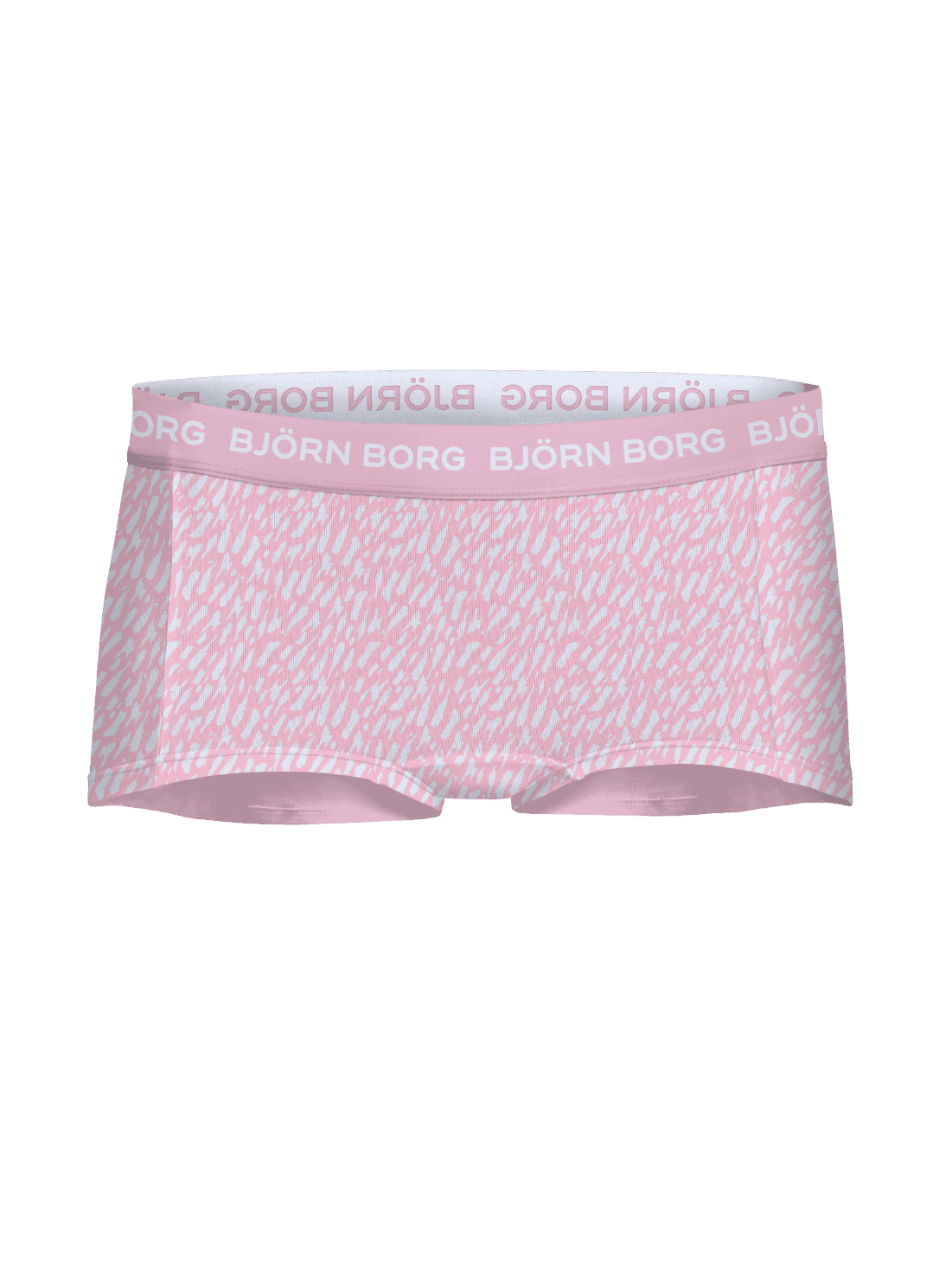 Framifrån på rosa Cotton Stretch Boxers Shorts 5-pack för barn med vitt mönster och vit resår med logotyp. - Image 4