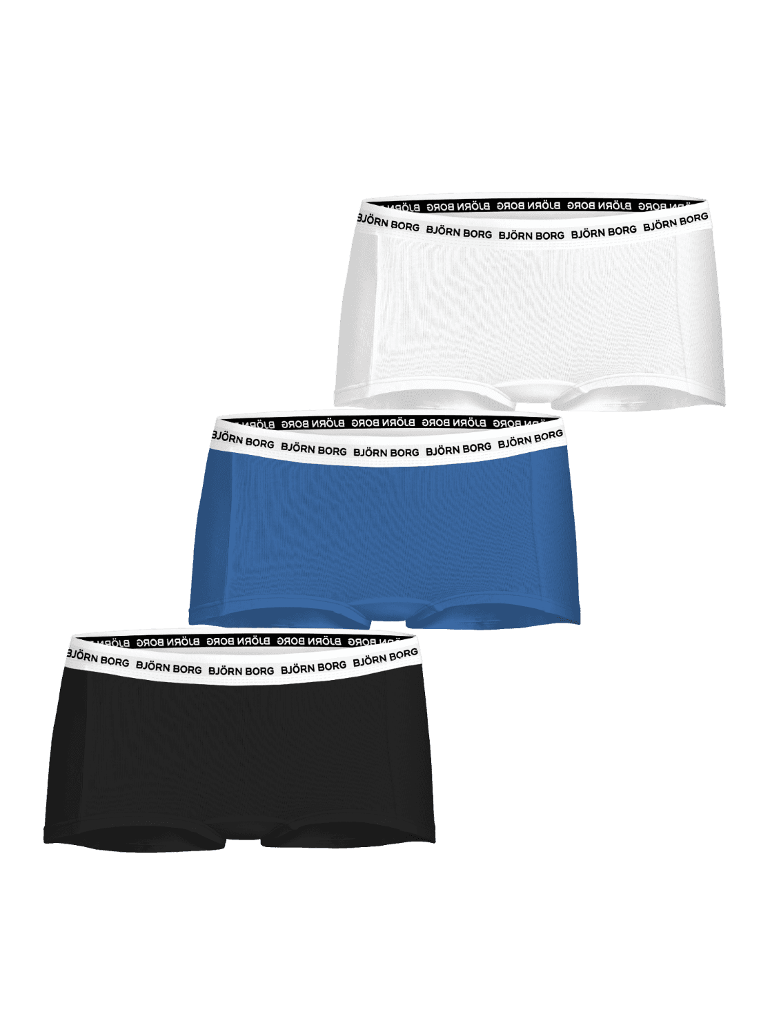 Cotton Stretch Logo Boxers Shorts 3-pack for kids in white, blue and black, featuring the iconic Björn Borg waistband. - Image 1