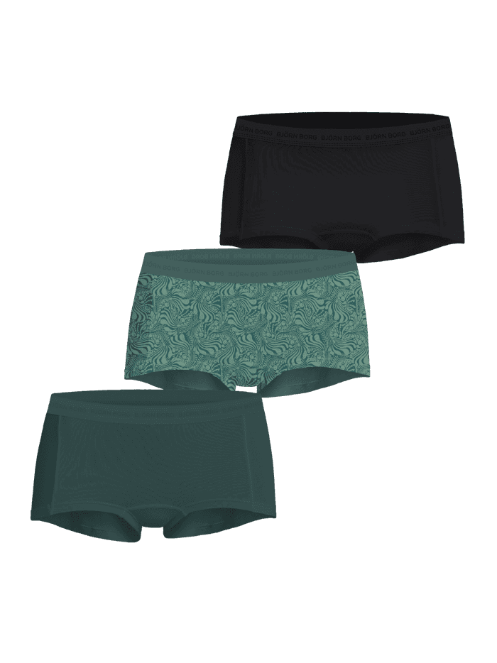 Vorderansicht der Everyday Cotton Boxers Shorts 3-pack in Schwarz, Grün und Print aus weicher Bio-Baumwolle.