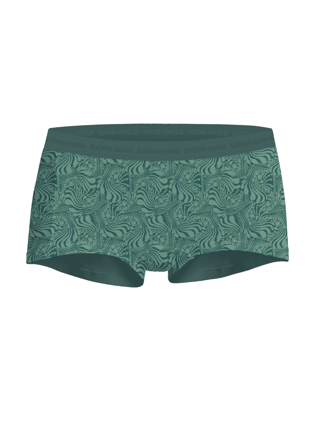 Front view of the green patterned Everyday Cotton Boxers Shorts 3-pack for women, with a soft microfiber logo waistband. - Image 3