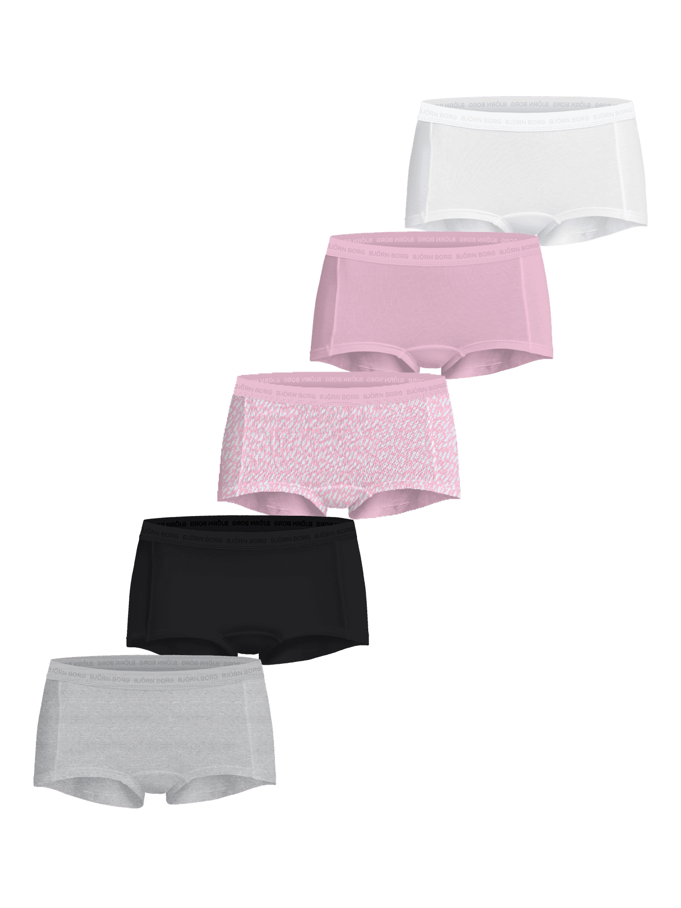 Everyday Cotton Boxers Shorts 5-pack voor dames van biologisch katoen in wit, roze, print, zwart en grijs met logodetails. - Image 1