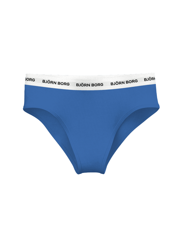 Front view of the blue Björn Borg Logo Highwaist Briefs 3-pack with a black logo on a white high-waisted waistband.