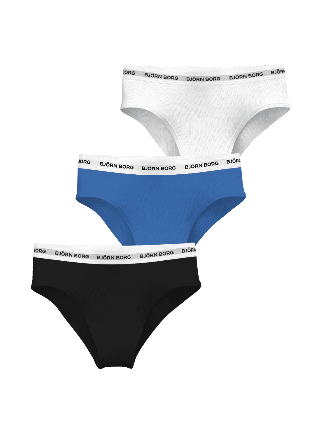 Front view of the Logo Highwaist Briefs 3-pack in white, blue, and black, featuring a flattering cotton stretch fit. - Image 2