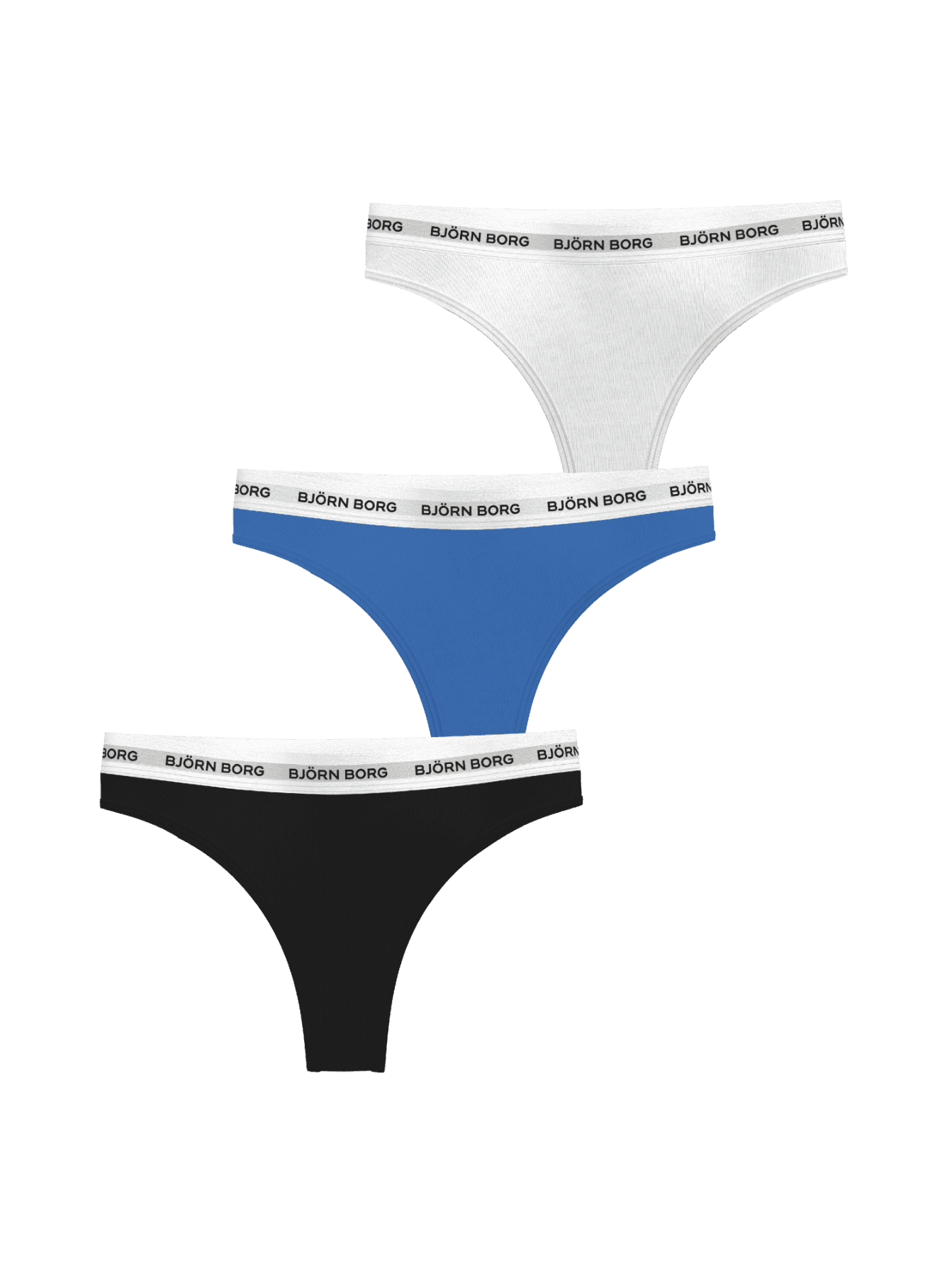 Logo Thongs 3-pack in white, blue, and black featuring the iconic Björn Borg waistband in soft cotton. - Image 1