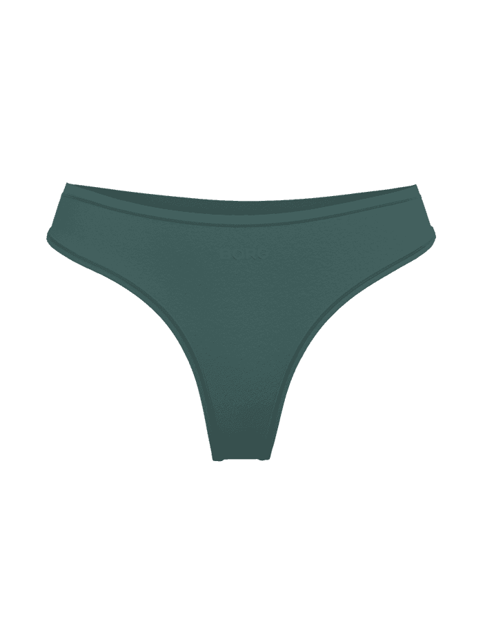 Gröna Soft Touch Thongs 1-pack för dam i mjuk lyocell med en ton-i-ton BORG-logotyp sedda framifrån.