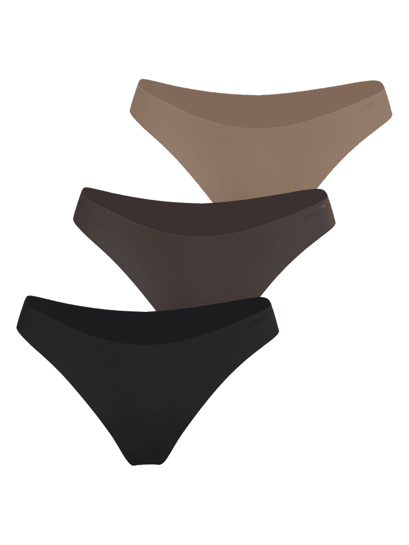 Front view of the Invisible Briefs 3-pack in black and brown, with laser-cut seams, tonal hip logos and a flattering fit.