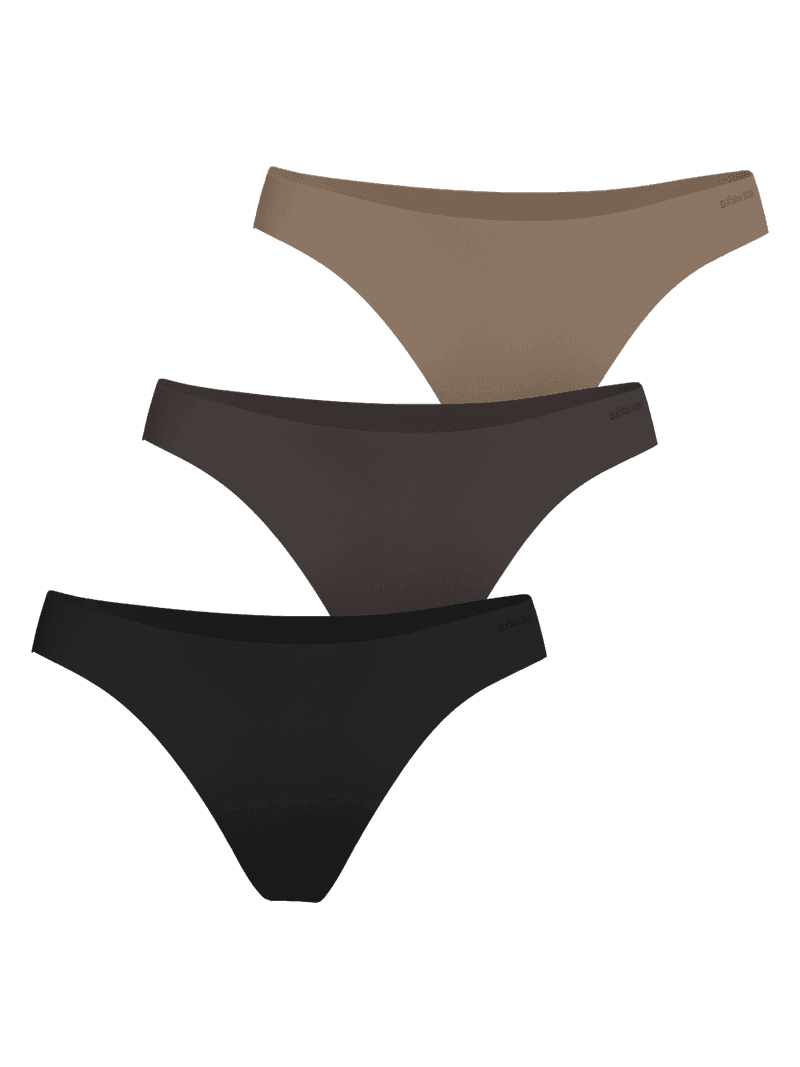 Front view of the Invisible Thongs 3-pack in black and brown with seamless laser-cut edges and tonal logos for training.