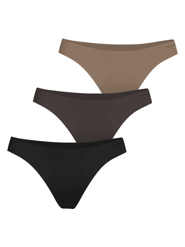 Vue de face de l'Invisible Thongs 3-pack noir et marron, bords découpés au laser et logos ton sur ton pour l'entraînement.