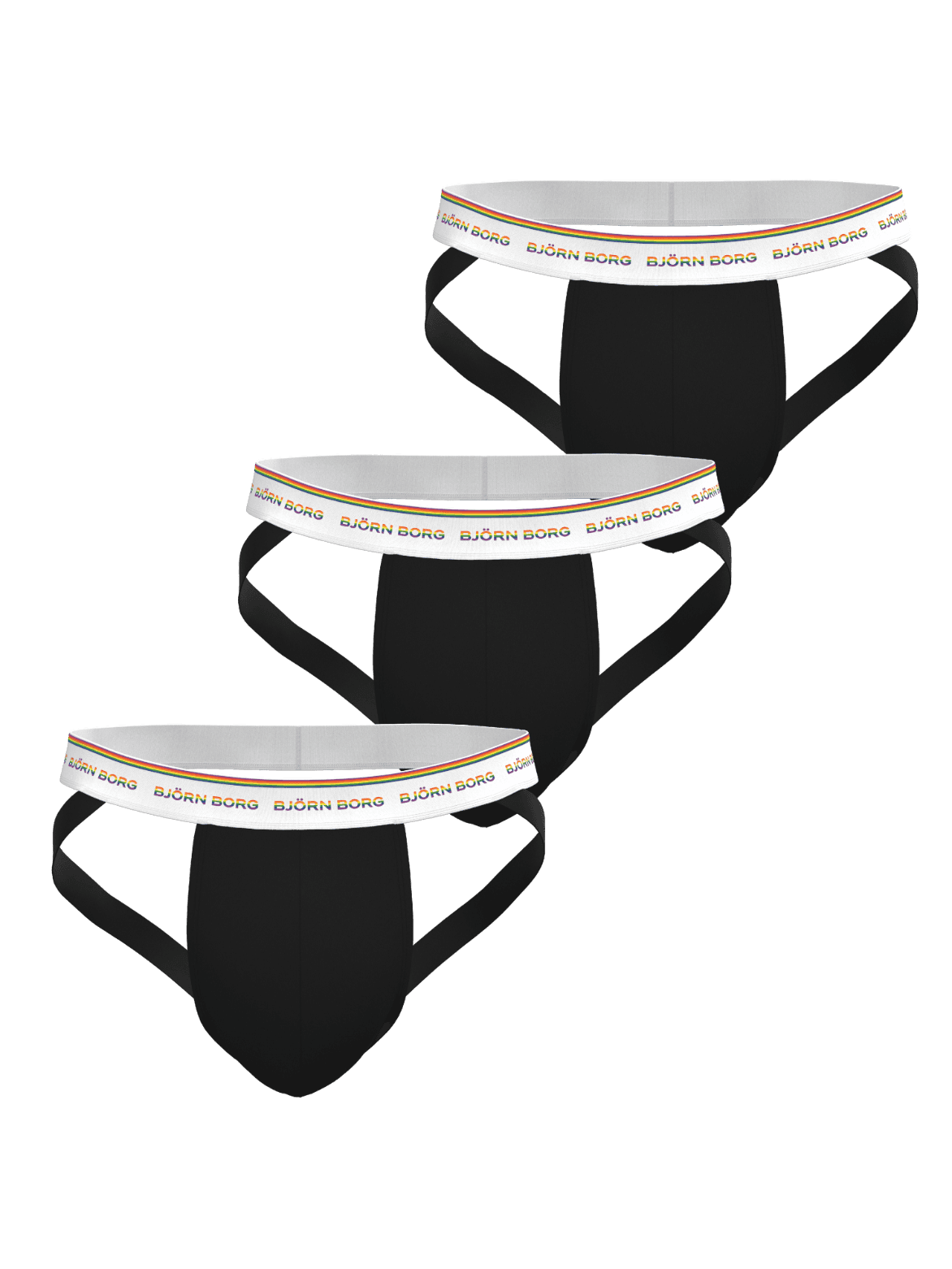 Vue de face du Cotton Stretch Jock Straps 3-pack noir avec ceintures blanches à logo arc-en-ciel. - Image 1