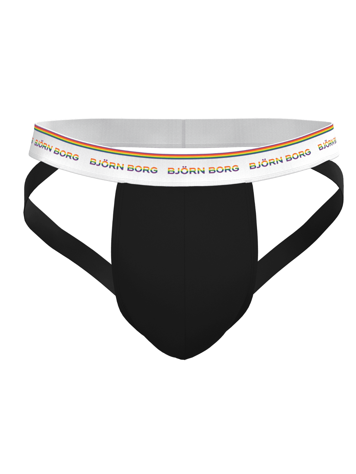 Svarta Cotton Stretch Jock Straps 3-pack sedda framifrån med vit resår och regnbågslogotyper. - Image 2