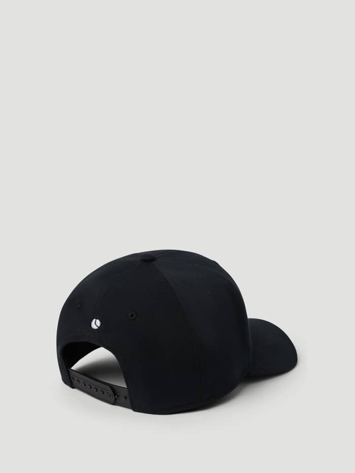 Back view of the Borg Course Cap in Black Beauty (Black), featuring a snap back and tennis ball print for golf. - Image 3