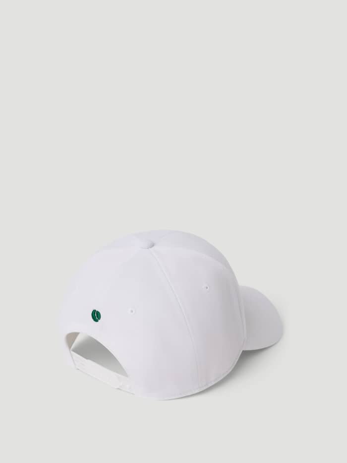 Back view of the Borg Course Cap in Brilliant White (White) for golf, featuring a snapback and tennis ball detail. - Image 4