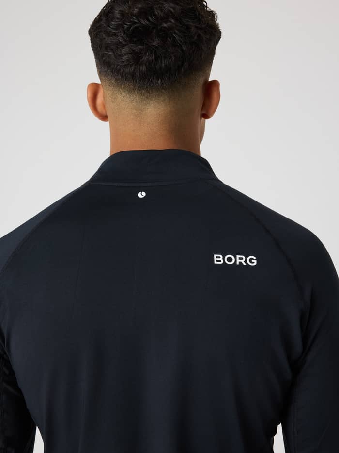Back view of the Borg Golf Midlayer Half Zip in Black Beauty (Black) with white brand logos for performance golf style. - Image 4