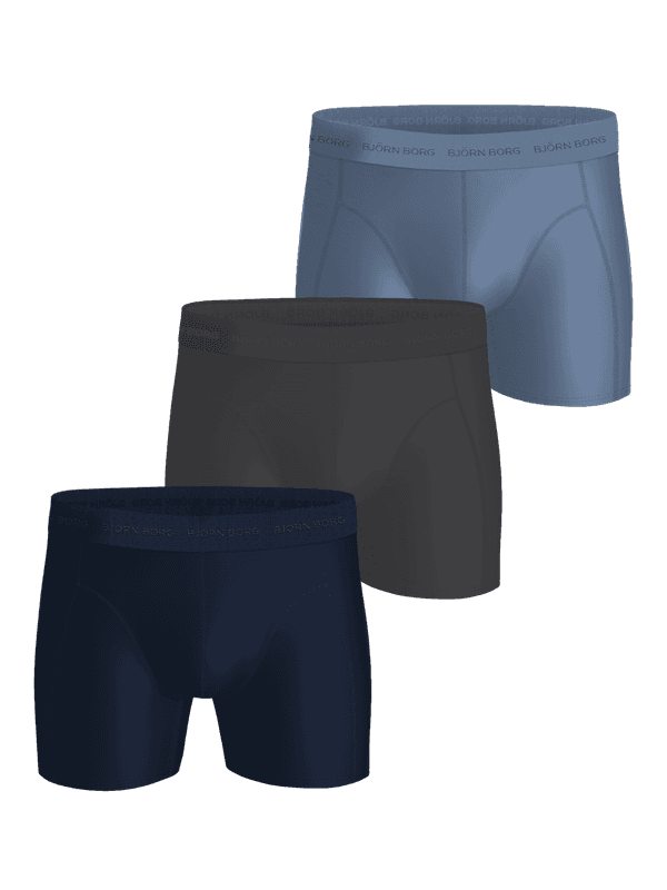 Björn Borg Microfiber Boxers 3-pack featuring black, blue, and navy boxer briefs in quick-dry fabric.