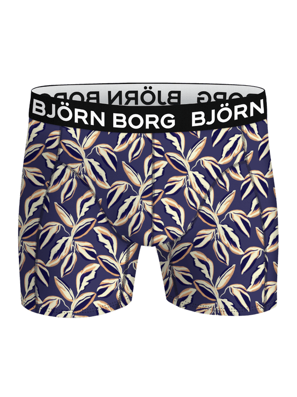 Front view of the Björn Borg Microfiber Boxers 1-pack; blue and beige leaf-printed boxer briefs in flexible microfiber.