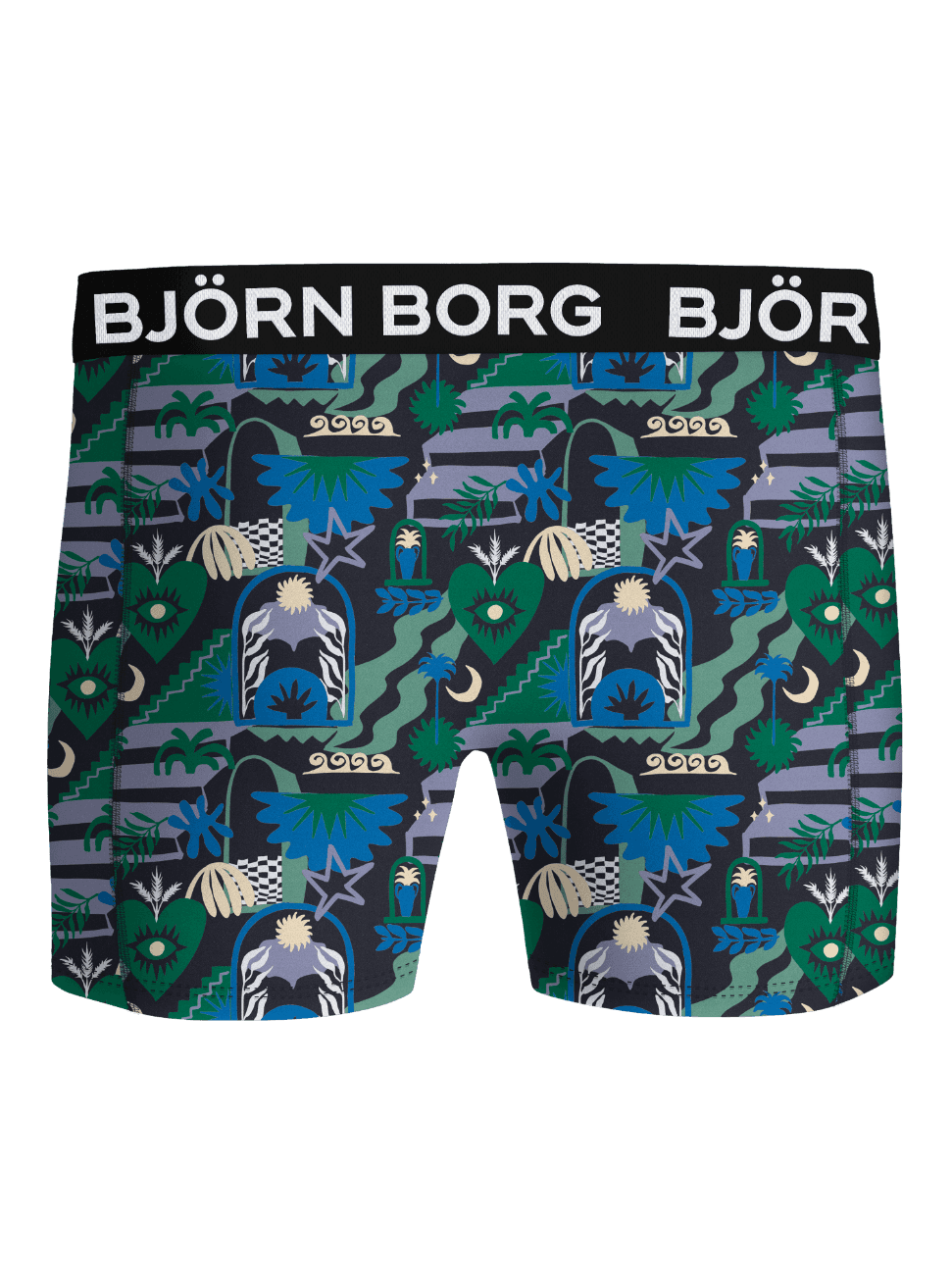 Framifrån på Microfiber Boxers 1-pack i grönt och blått Doodle 2-mönster med vit logotyp på resåren. - Image 2