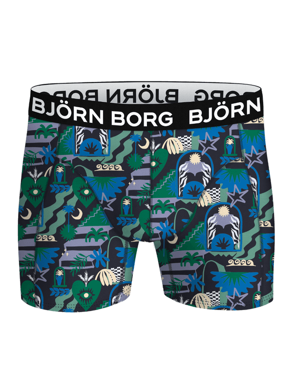 Front view of the Microfiber Boxers 1-pack for men, featuring a green and blue doodle print on quick-dry boxer briefs.