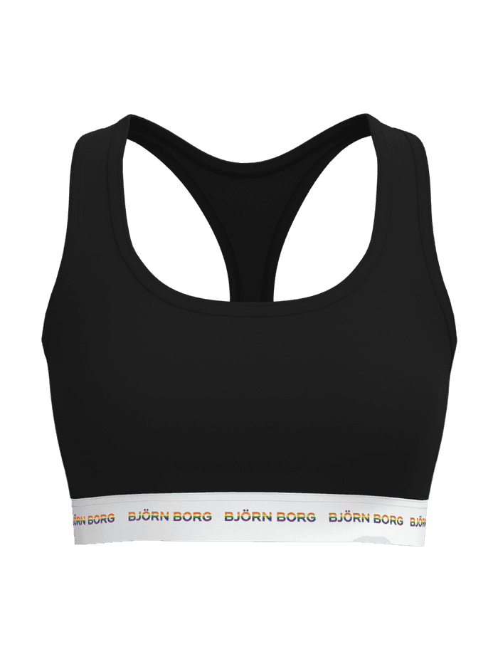 Front view of the black Logo Soft Top for women, featuring soft cotton stretch and a rainbow Björn Borg logo waistband.