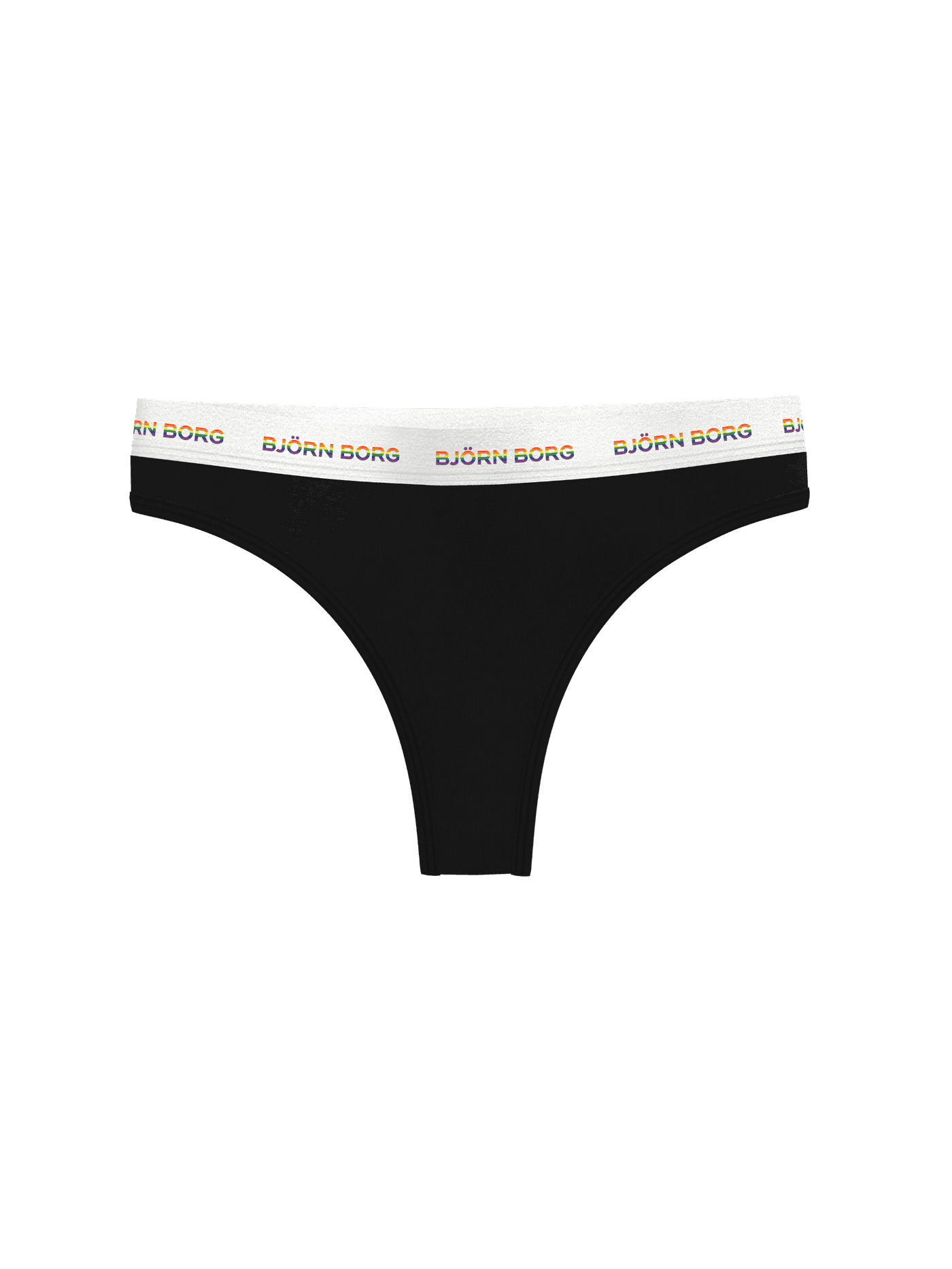 Zwarte Logo Thongs 3-pack van katoenen stretch voor dames met een strakke pasvorm en witte tailleband met regenbooglogo. - Image 2