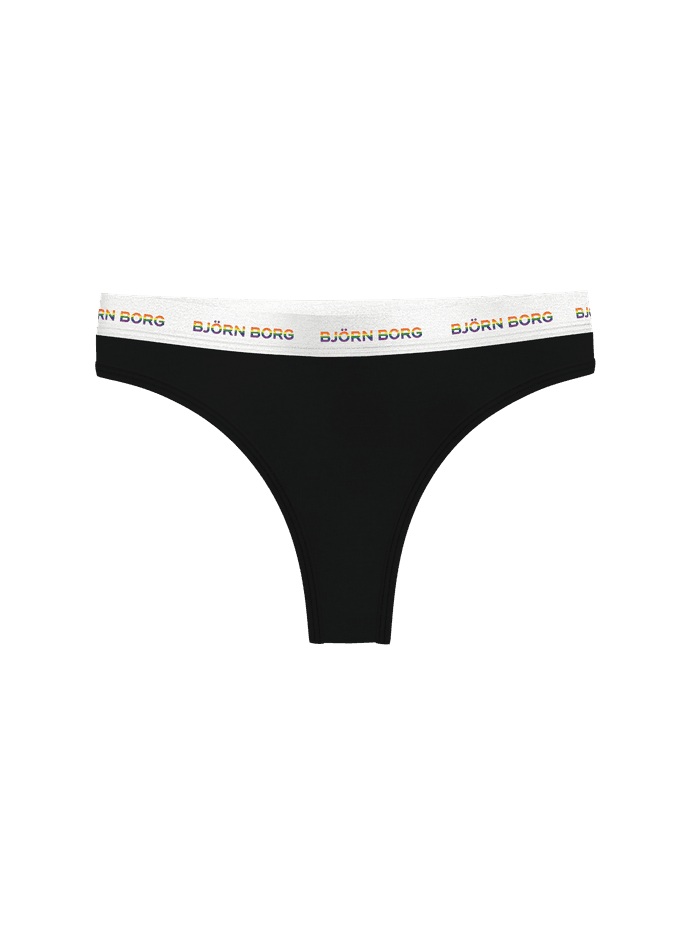 Vorderansicht der schwarzen Logo Thongs 3-pack für Damen aus Baumwoll-Stretch mit weißem Bund und Regenbogen-Logo. - Image 2