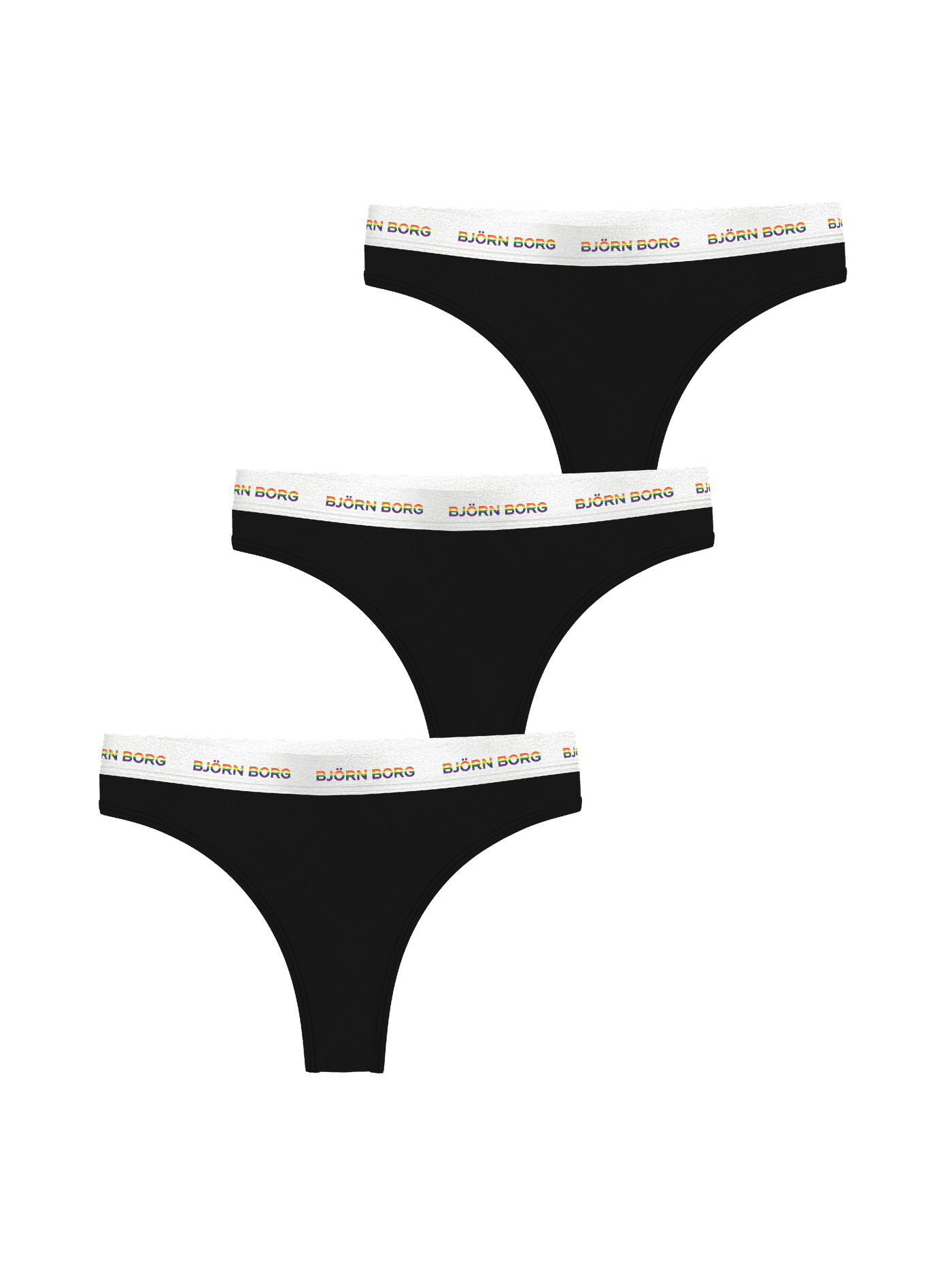 Black Björn Borg Logo Thongs 3-pack in soft cotton stretch featuring white waistbands, rainbow logos, and a mid-rise fit. - Image 1
