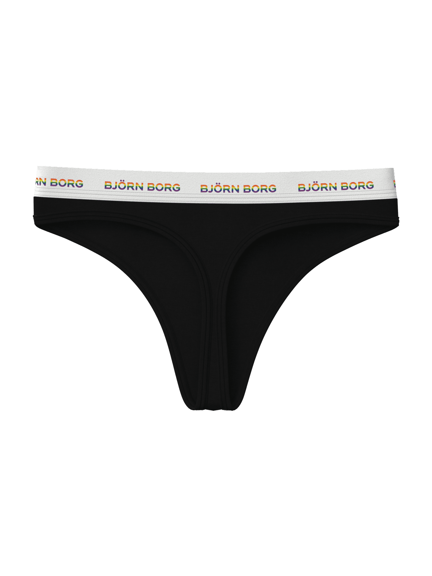 Vooraanzicht van de zwarte Logo Thongs 3-pack van zacht katoen met een witte tailleband en regenbooglogo's. - Image 3