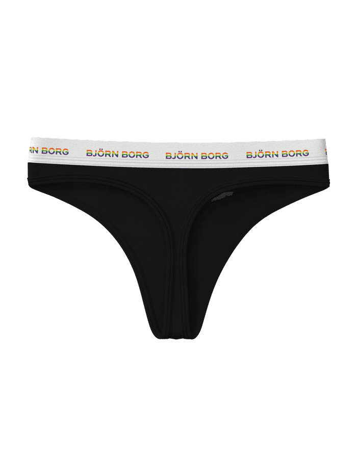 Vorderansicht der schwarzen Logo Thongs 3-pack aus weicher Baumwolle mit weißem Bund und Regenbogen-Logos. - Image 3
