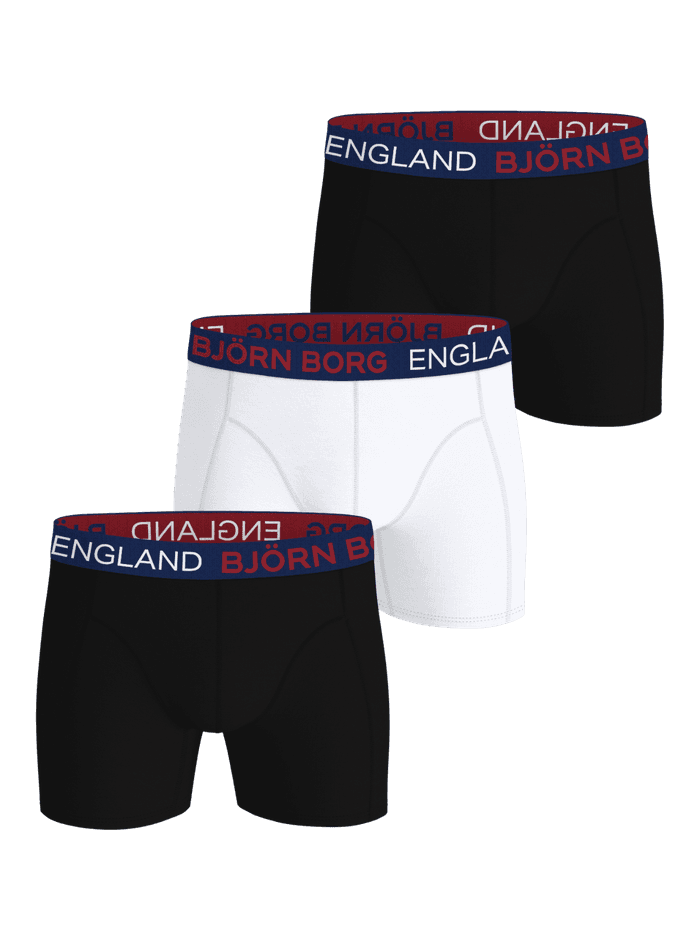Cotton Stretch Boxers England 3-pack en negro y blanco de algodón elástico con la icónica cinturilla Björn Borg.