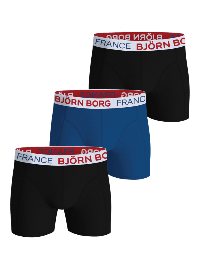 Cotton Stretch Boxers France 3-pack en negro y azul de suave algodón elástico que combina estilo y función.