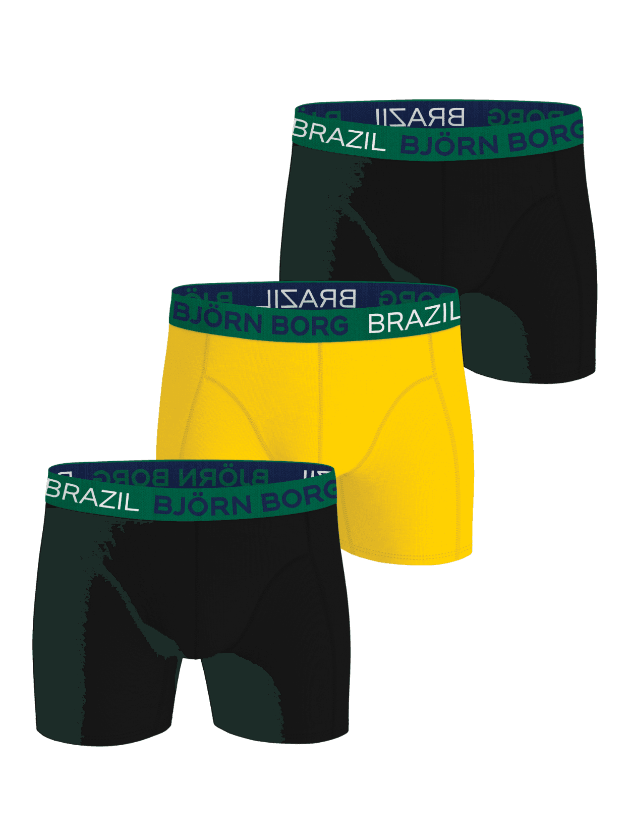 Cotton Stretch Boxers Brazil 3-pack in Schwarz und Gelb, funktionale Boxer Briefs für Herren mit grünem Logo-Bund. - Image 1