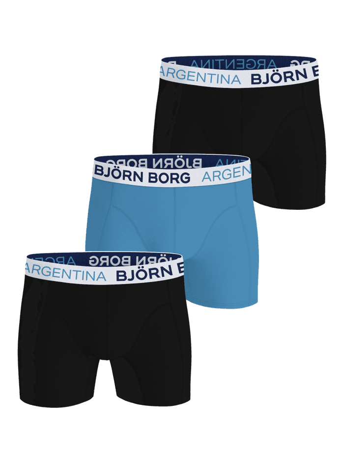 Cotton Stretch Boxers Argentina 3-pack en negro y azul de algodón elástico suave con logos azules en la cinturilla.
