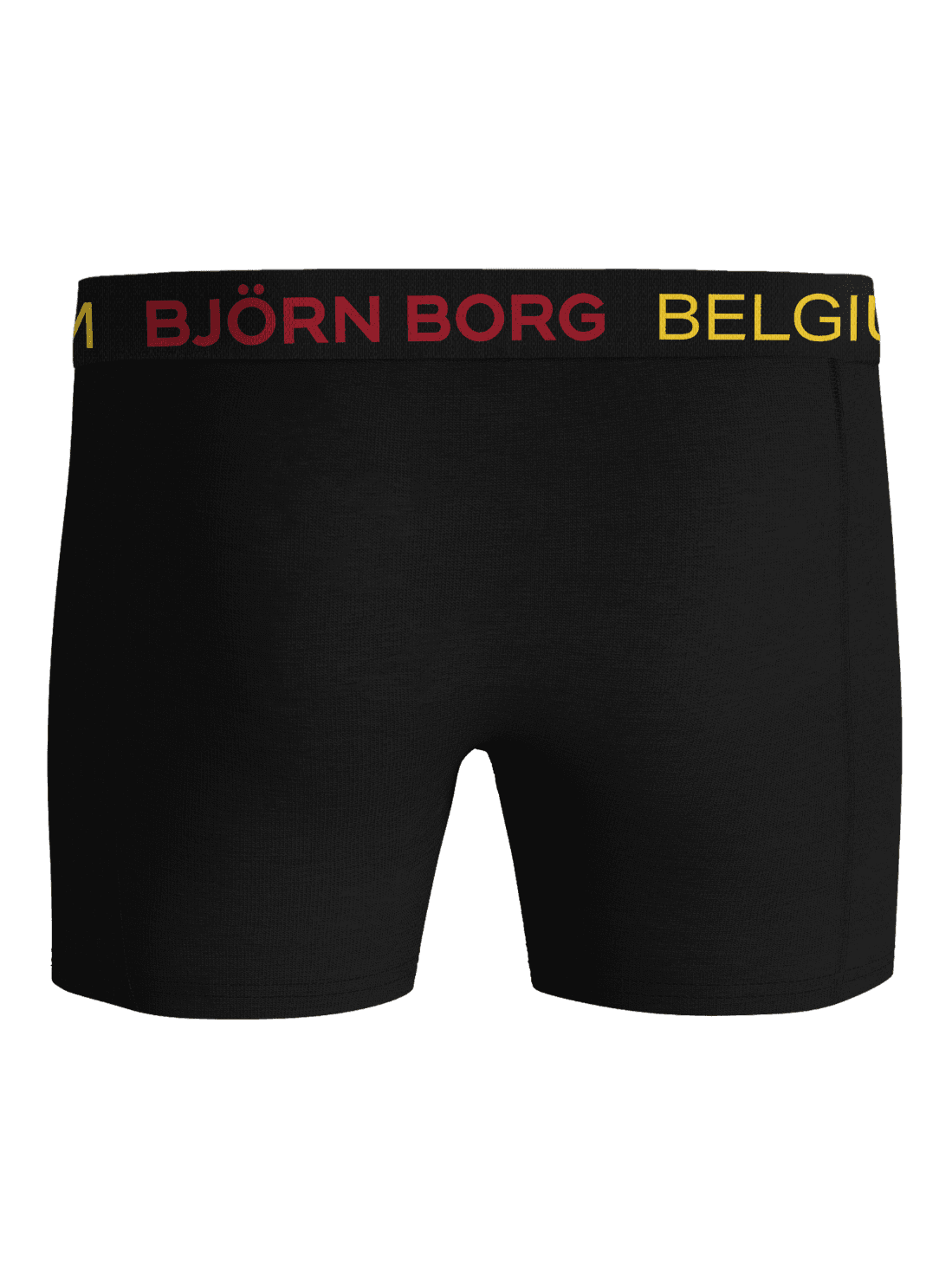 Front view of the Björn Borg Cotton Stretch Boxers Belgium 3-pack black boxer briefs with a red and yellow logo waistband. - Image 3