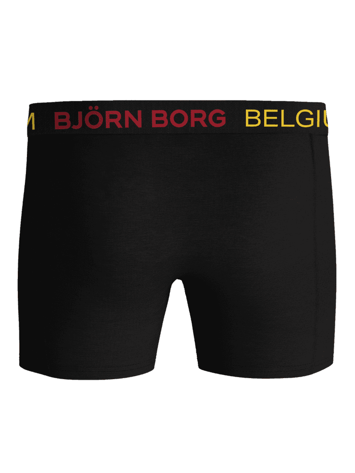 Front view of the Björn Borg Cotton Stretch Boxers Belgium 3-pack black boxer briefs with a red and yellow logo waistband. - Image 3
