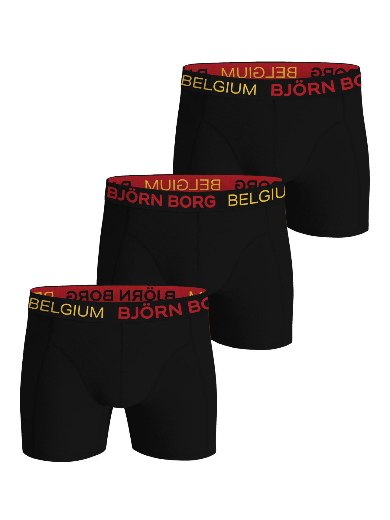 Cotton Stretch Boxers Belgium 3-pack: Schwarze Boxer Briefs aus Baumwoll-Stretch mit rot-gelbem Logo-Bund. - Image 1