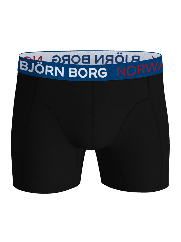 Cotton Stretch Boxers Norway 3-pack i sort set forfra med et blåt taljebånd og hvidt Björn Borg logo. - Image 2