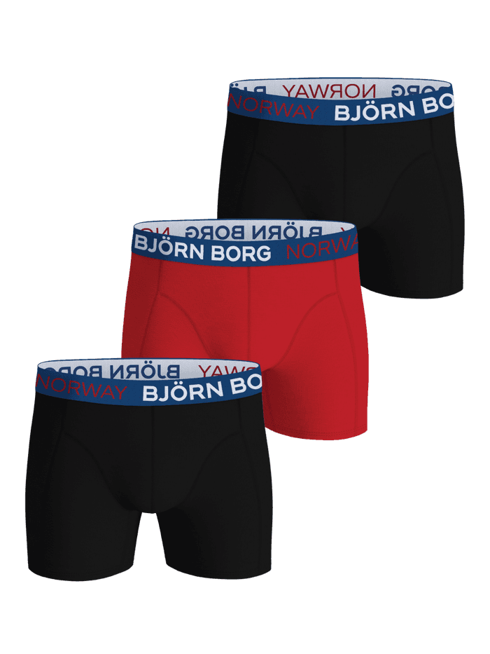 Cotton Stretch Boxers Norway 3-pack noir et rouge en coton stretch avec ceinture emblématique.