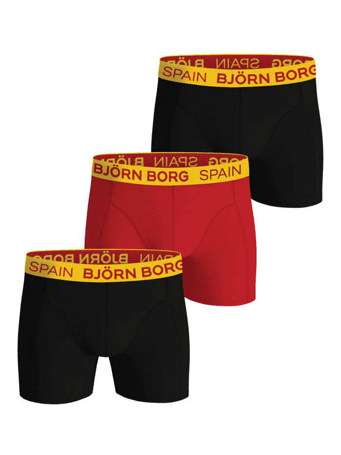 Cotton Stretch Boxers Spain 3-pack i sort og rød bomuld med gule elastiklinninger med logo og Spain-tekst.