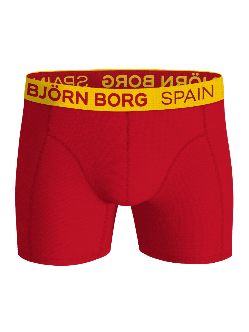 Red Cotton Stretch Boxers Spain 3-pack boxer briefs for men, featuring a yellow waistband and red logos. - Image 4