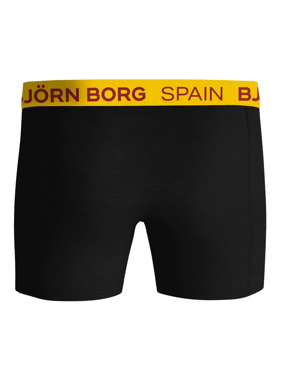 Front view of the black Björn Borg Cotton Stretch Boxers Spain 3-pack boxer briefs with a yellow and red logo waistband. - Image 3
