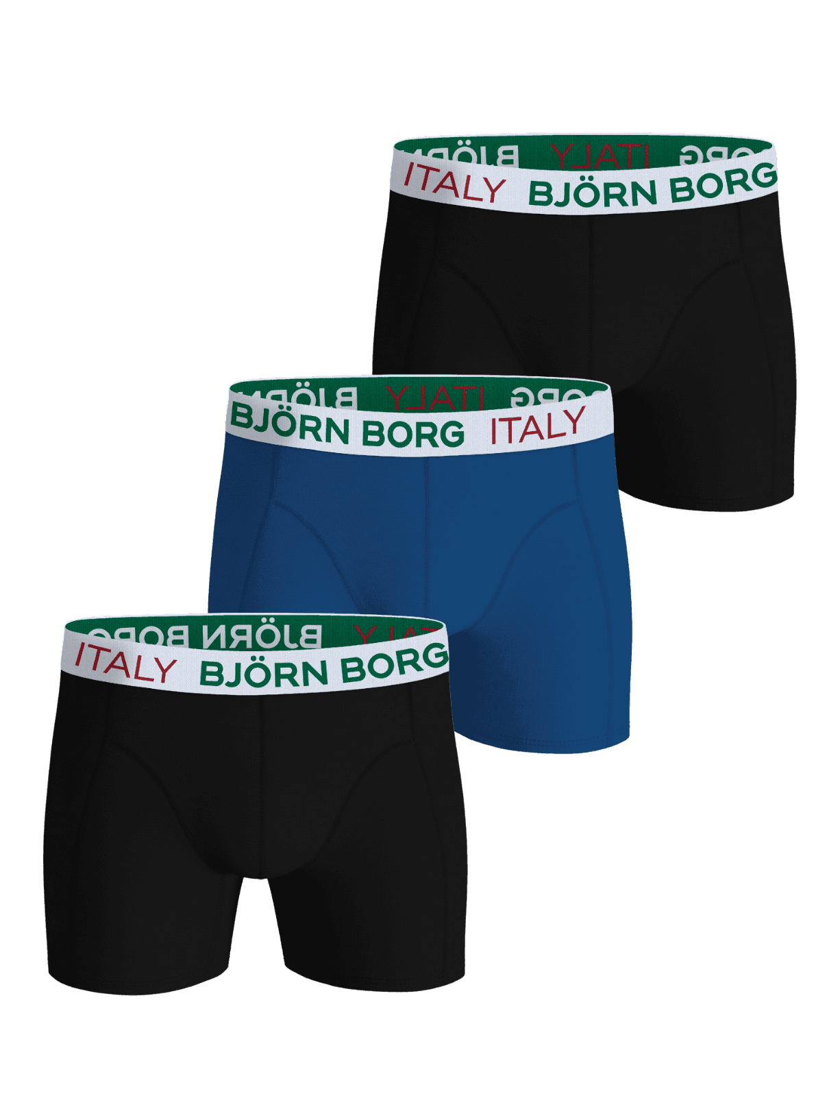 Cotton Stretch Boxers Italy 3-pack en negro y azul de algodón elástico con cinturilla blanca y logo en rojo y verde. - Image 1