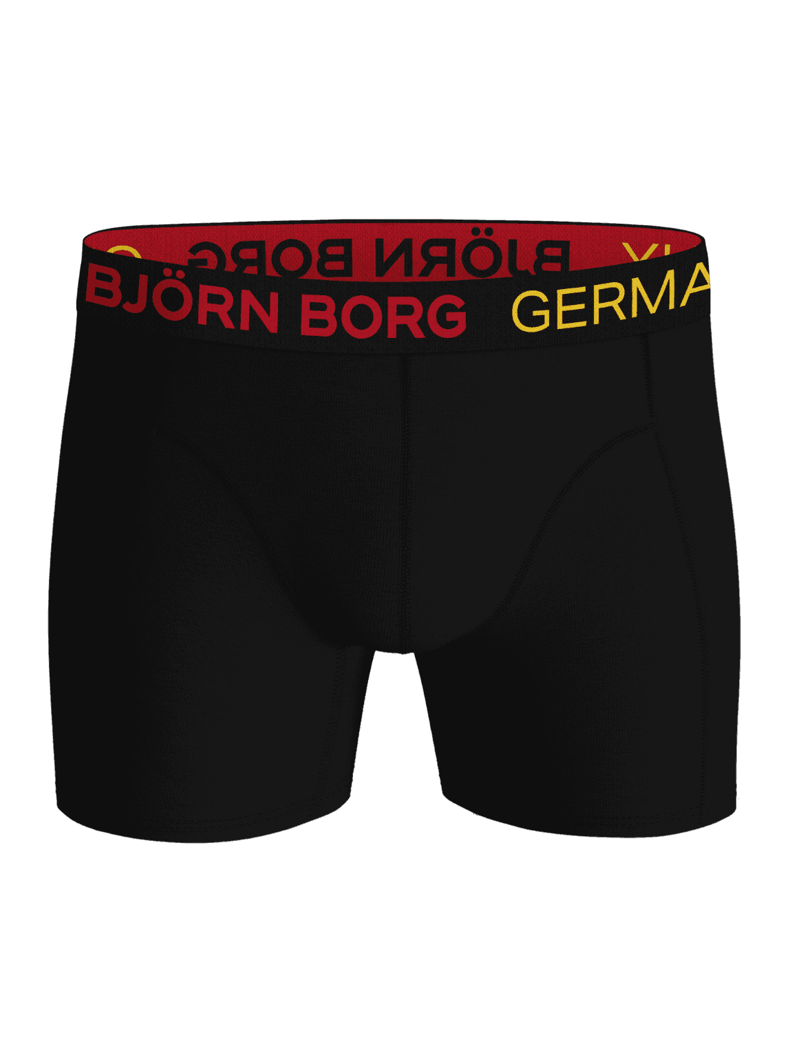 Front view of the black Cotton Stretch Boxers Germany 3-pack with red and yellow logos on the functional waistband. - Image 2