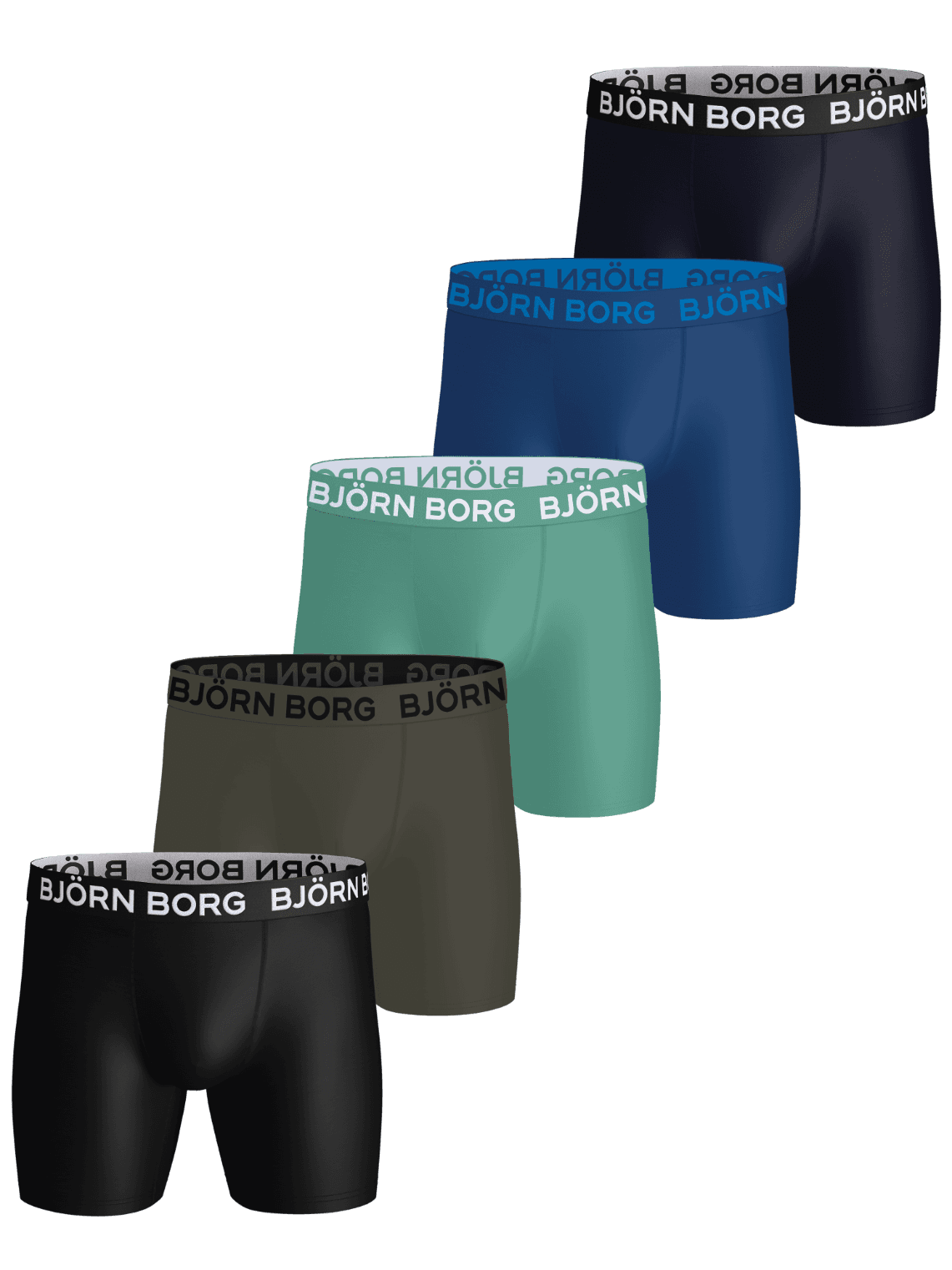 Sports Microfiber Boxers 5-pack voor heren in navy, blauw, groen en zwart, perfect voor prestaties tijdens training. - Image 1