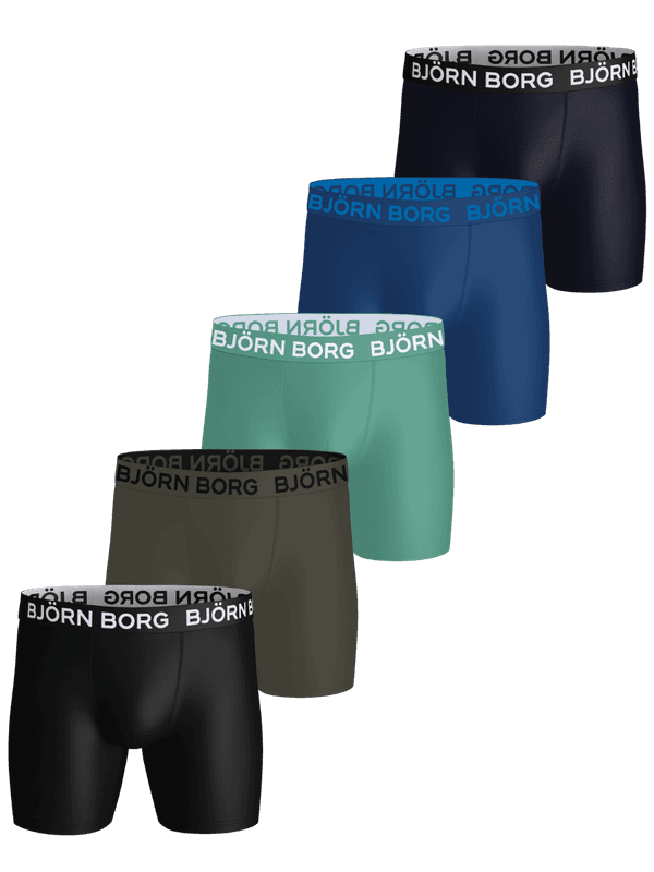 Sports Microfiber Boxers 5-pack en microfibre marine, bleu, vert et noir, conçus pour la performance et l'entraînement.