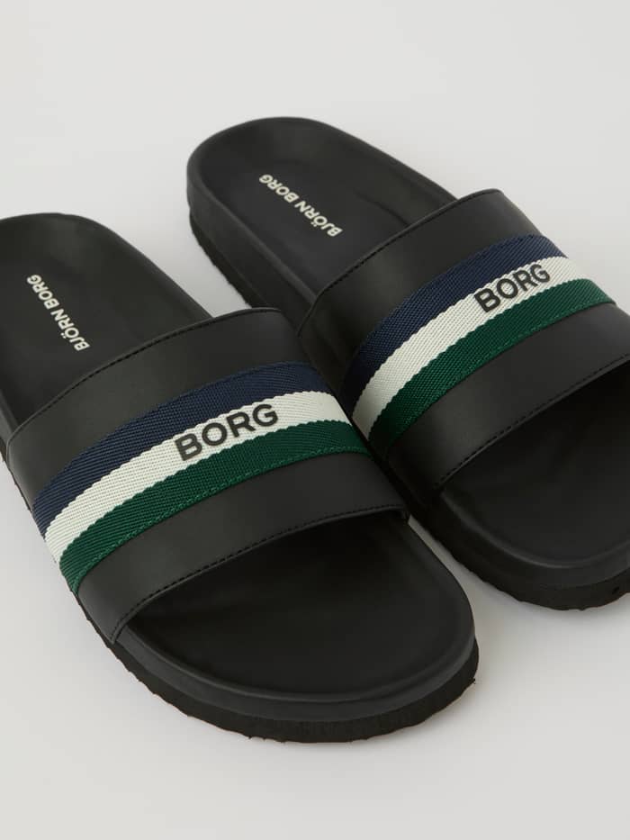 Zwarte Unisex Heritage Slides van duurzaam TPU met een marineblauw, wit en groen gestreepte band en zwart BORG-logo. - Image 2