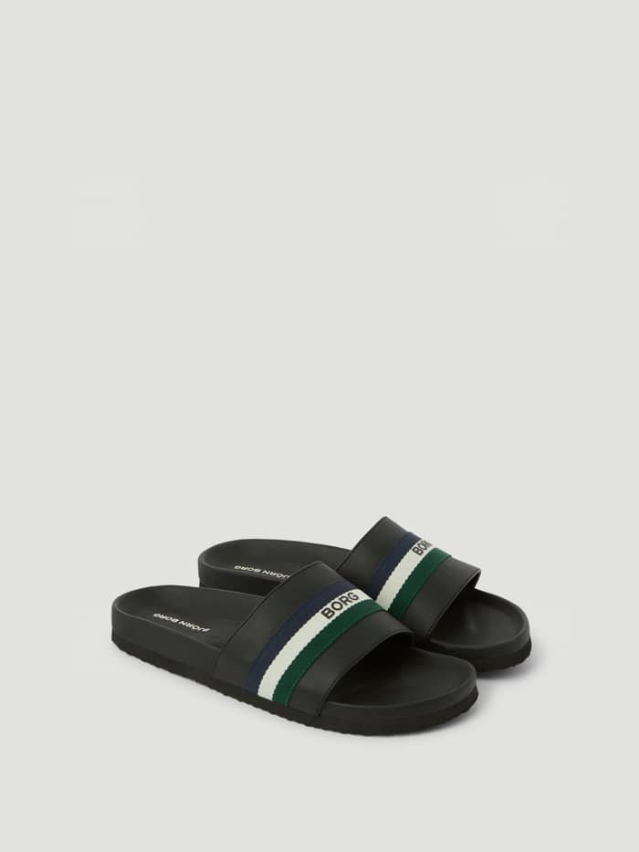 Black Unisex Heritage Slides in durable TPU featuring a navy, white, and green striped strap with the BORG logo.