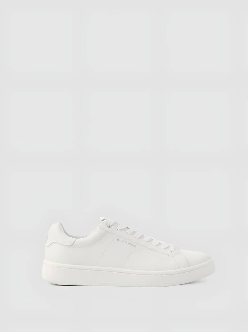 Side profile of the white Unisex Deuce Sneakers, featuring a tennis-inspired design in durable synthetic leather.