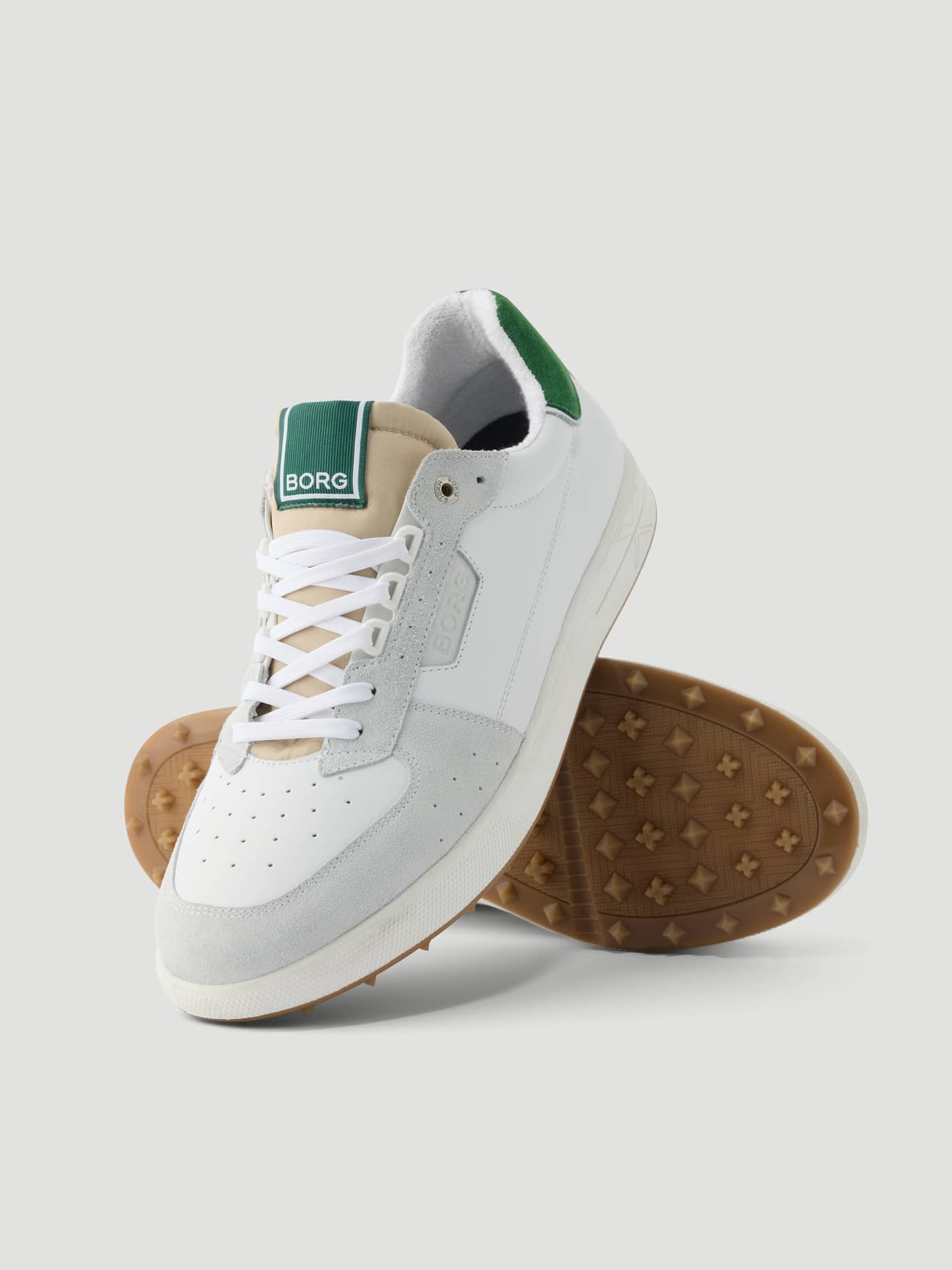 Men's Baseline Golf Sneakers in White and Green leather with a functional performance sole and white BORG logo. - Image 2